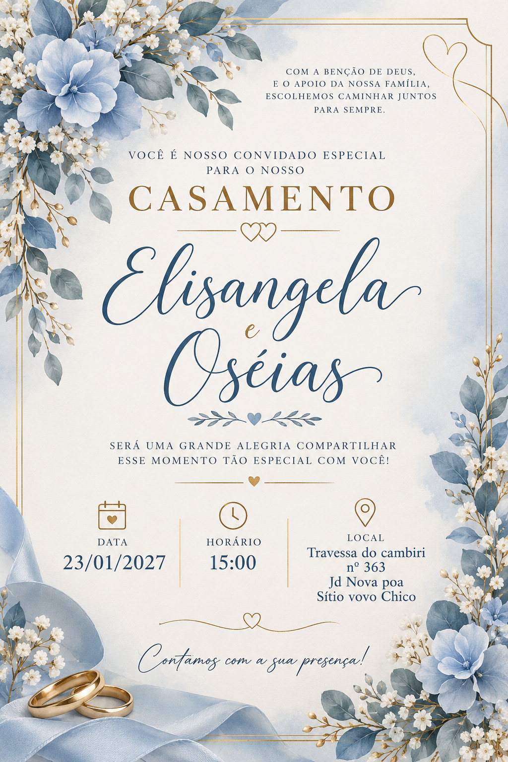 Convite de casamento de Elisangela e Oséias, 23 de janeiro de 2027, às 15 horas, Sítio Vovô Chico